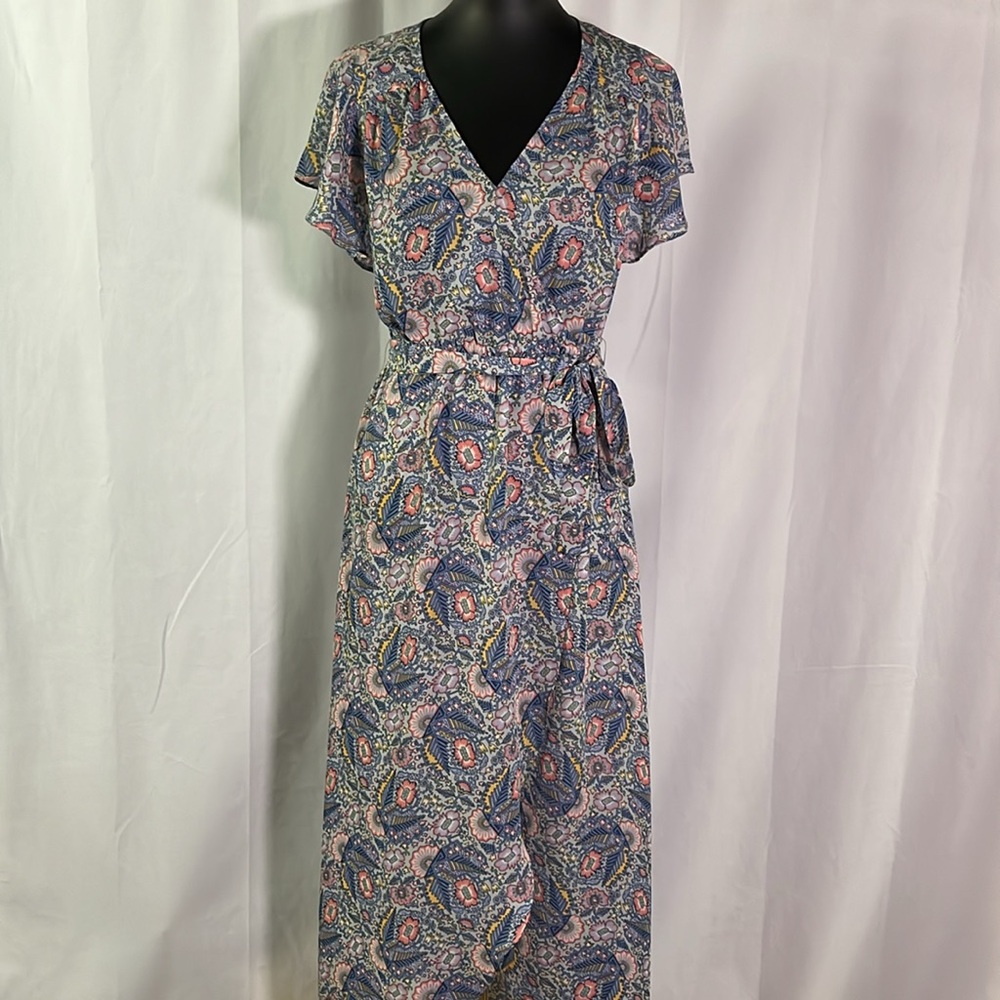 Ella Moss Blue Pink & Yellow Floral Print Faux Wrap Tie Waist Maxi Dress